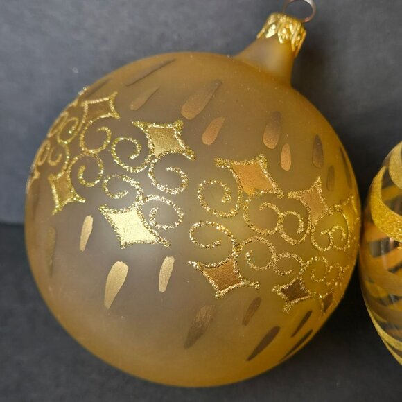 Gold Glass Christmas Ornaments Set of 3 Hand Painted Glitter 4" Holiday Decor - Picture 4 of 9